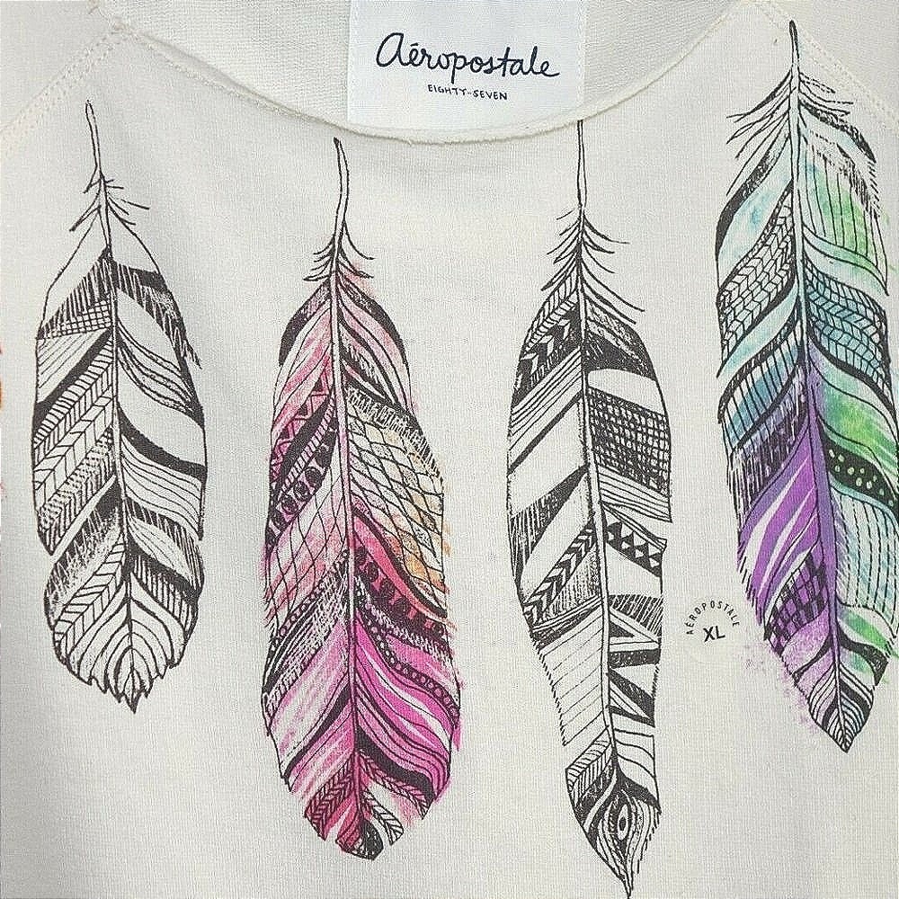 Aeropostale Feather Graphic T-Shirt Women XL Cream White Boho Short Sleeve Top - Picture 6 of 8